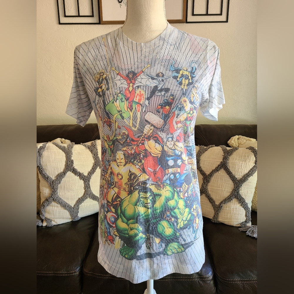 Vtg‎ Universal Studios Men's Sz S All Over Print Superhero T-shirt Hulk Iron Man